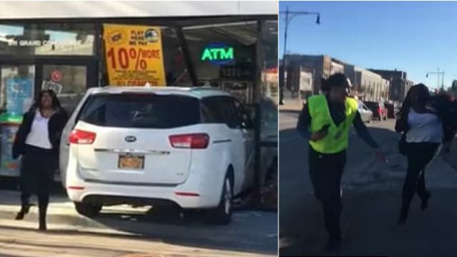 Woman Crashes Her Car Into A Gas Station, Goes Off And Chases Guys Filming Her