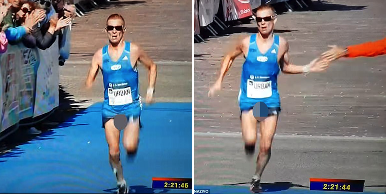 Runner’s Cock-And-Balls On Full Display As He Finishes Marathon