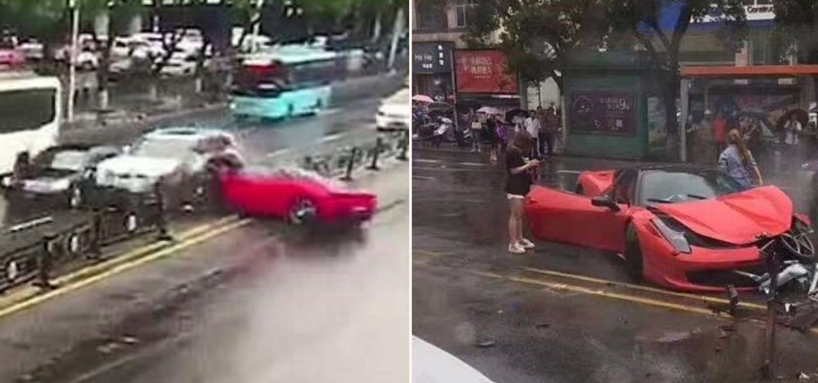 Dodgy driver sends new Ferrari 458 sideways into oncoming traffic minutes after renting it