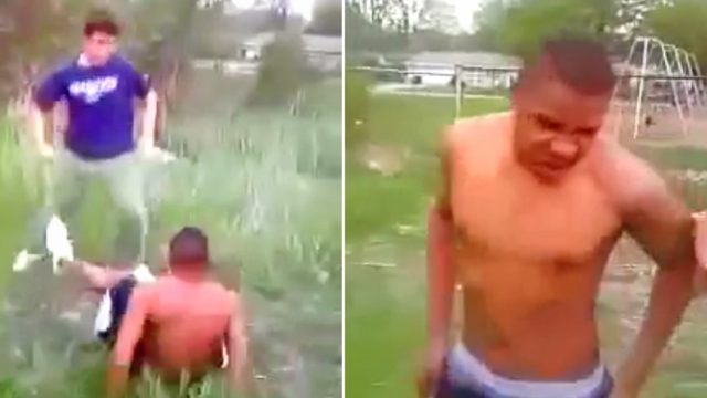 Nerdy kid beats the sh*t out of shirtless “tough guy”