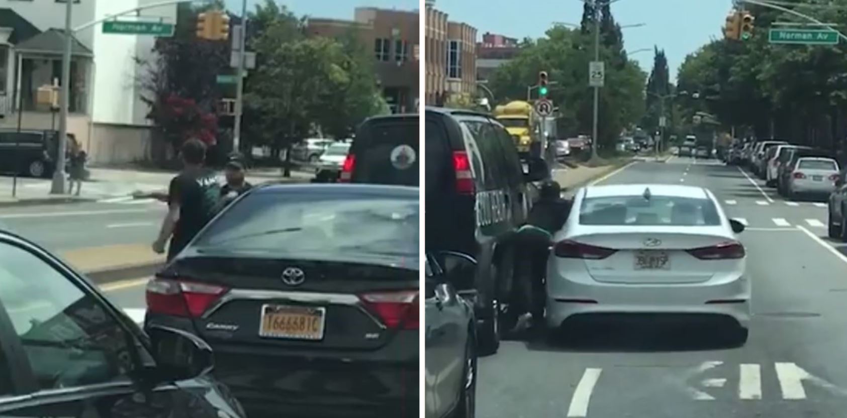 Wild road rage brawl in the middle of the street ends with car-smash finishing move