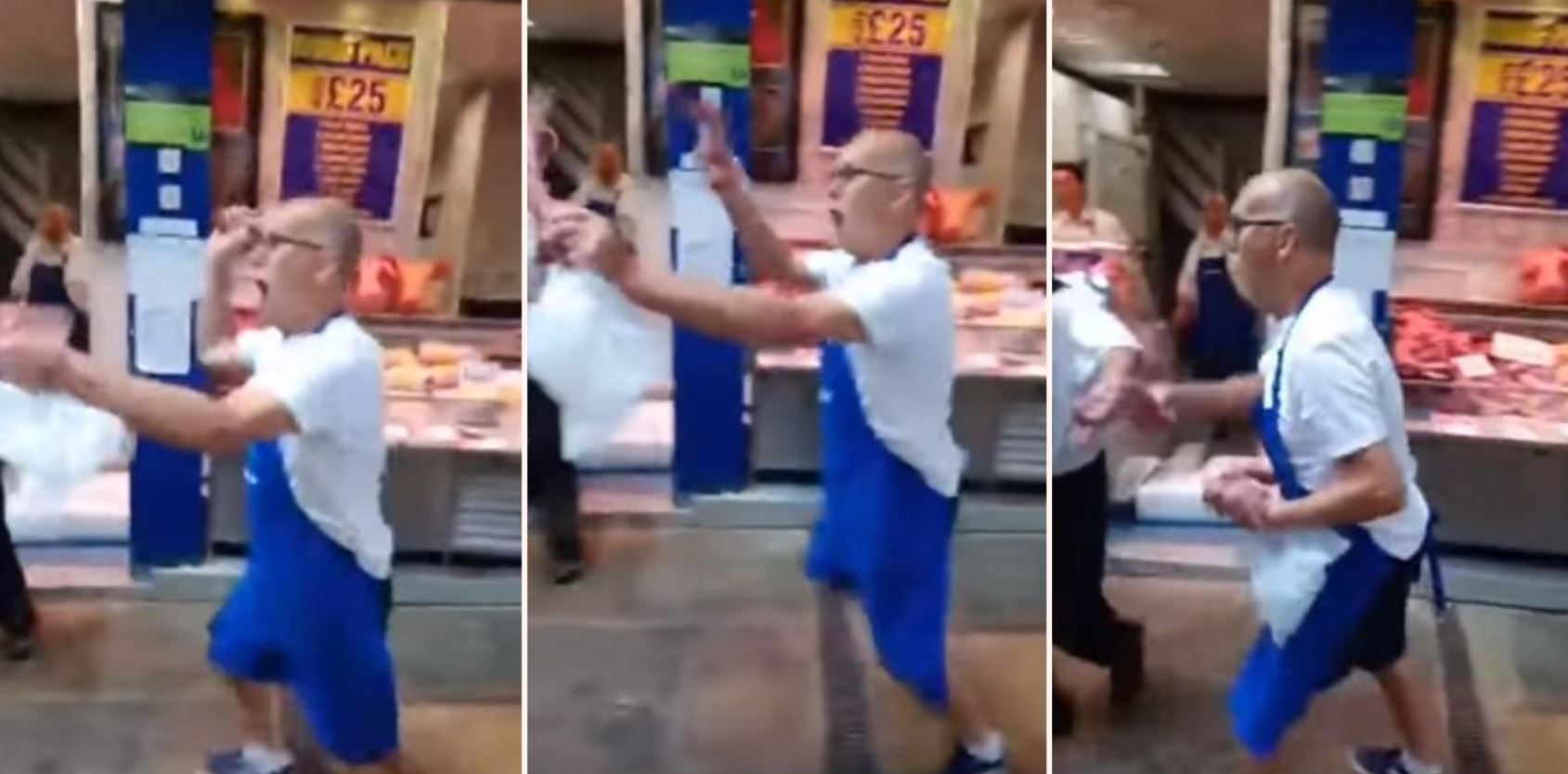 Butcher swings his meat around at vegan protesters outside his shop