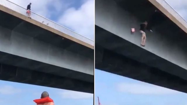 Aussie bloke launches himself off bridge to deliver beers to his mates