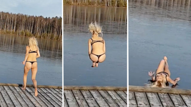 Russian bikini sheila bounces off frozen lake after trying to jump in it