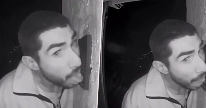 Californian bloke caught on CCTV camera licking strangers doorbell for 3 hours