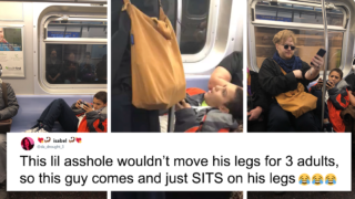 Kid refuses to move legs on train, someone captured his reaction when bloke sits on him