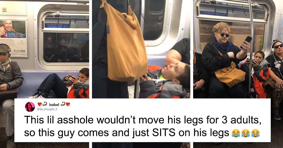 Kid refuses to move legs on train, someone captured his reaction when bloke sits on him