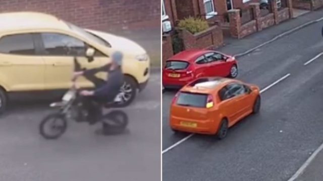 CCTV captures biker on drunken crime spree get rammed into a parked van
