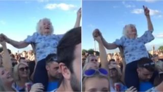 Granny spotted rocking out on bloke’s shoulders at music festival