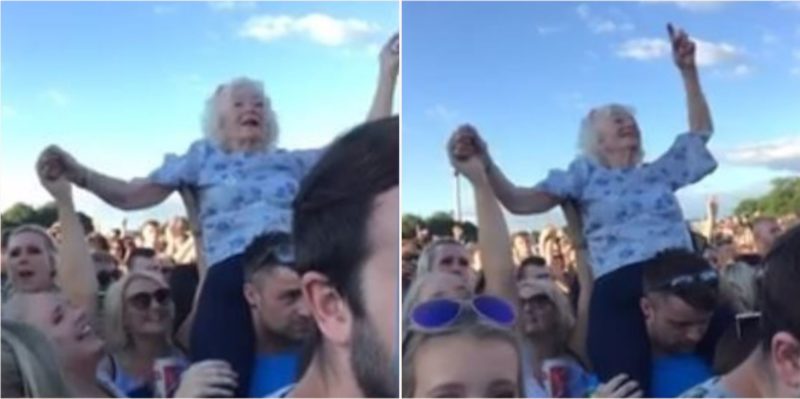 Granny spotted rocking out on bloke’s shoulders at music festival