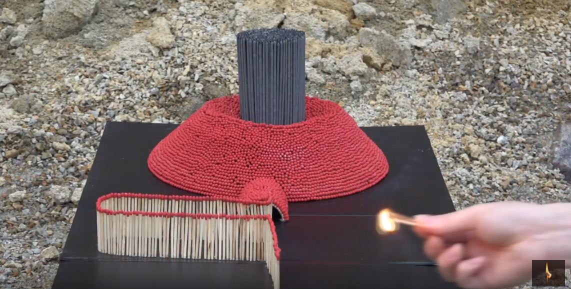 Bloke creates ‘volcano’ out of 16,000 matches and the result is bloody mint