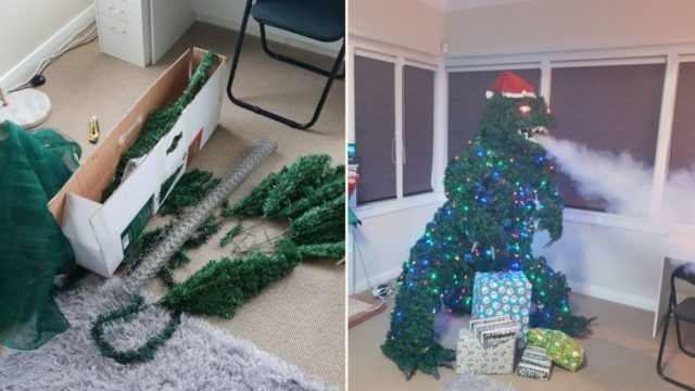 This bloke created a smoke breathing Godzilla Christmas tree