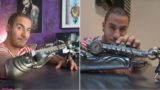This tattoo-artist has a steampunk tattoo-gun prosthesis