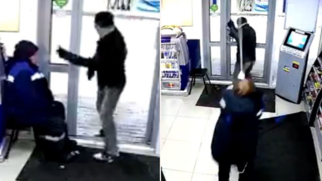 Russian gas station attendant fights off armed robber with her mop