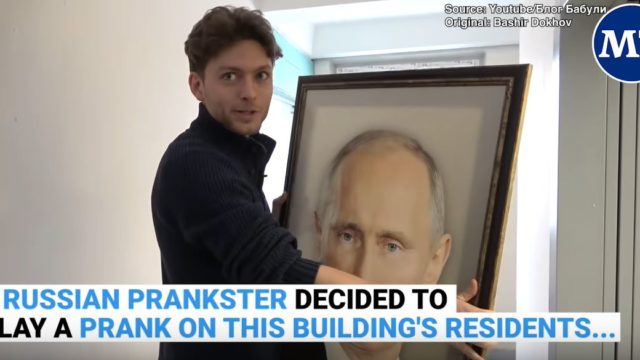 Russian Prankster hangs a portrait of Putin up in elevator to see the reactions