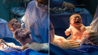 Photos of newborn baby frowning at Doctor who was trying to make it cry go viral