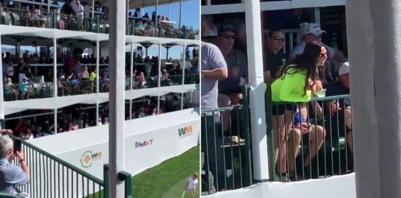 Golf-pro loses concentration when cheeky sheila deliberately puts him off