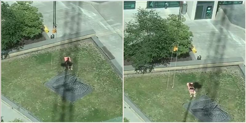 The moment giggling crane operator ruins Pommy’s sunbaking attempt