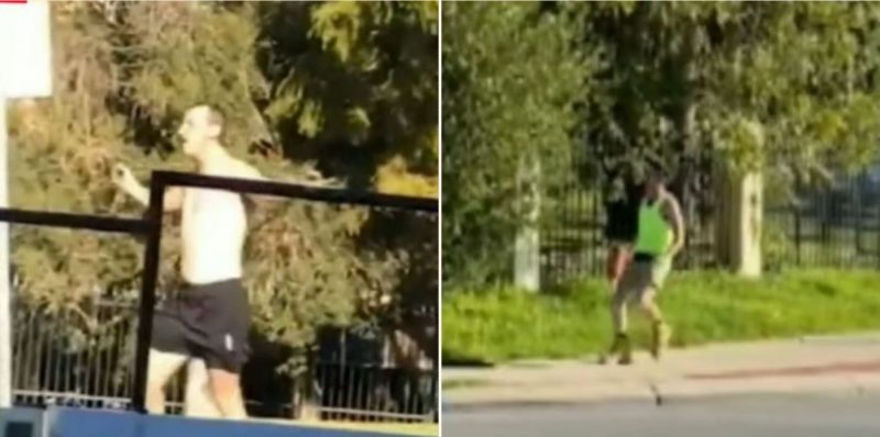 Hectic rumble sees shirtless bloke take on a tradie with a nailgun