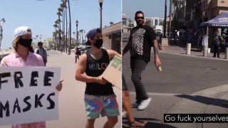 Two blokes try to hand out free masks to everyone and film the feedback