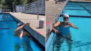 Olympic Gold-Medallist swims full lap with choccy milk on her head!