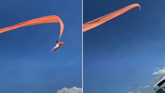 Footage captures the moment a three-year-old girl gets swept up by kite