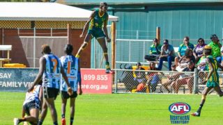 Footy player caught celebrating goal with a bloody trampoline-like jump