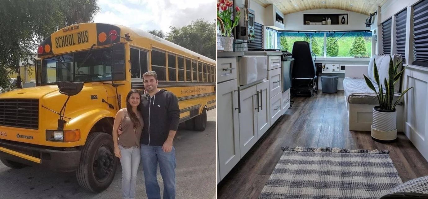 Couple share incredible before and after photos of school bus turned travel home