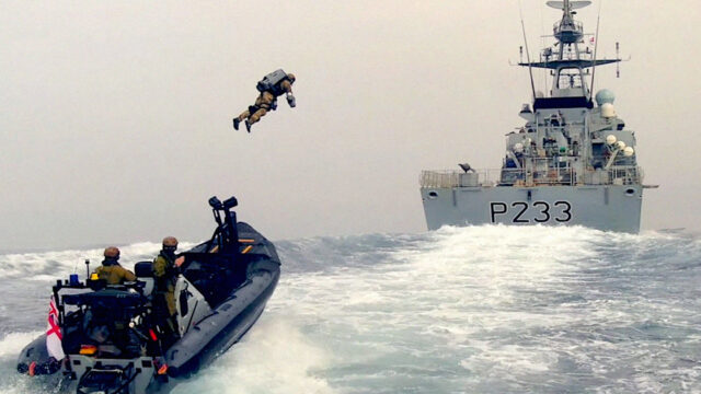 Awesome footage shows UK Marine f@*#en jetpack onto ship