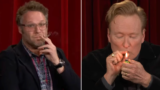 Conan O’Brien and Seth Rogen spark up on television