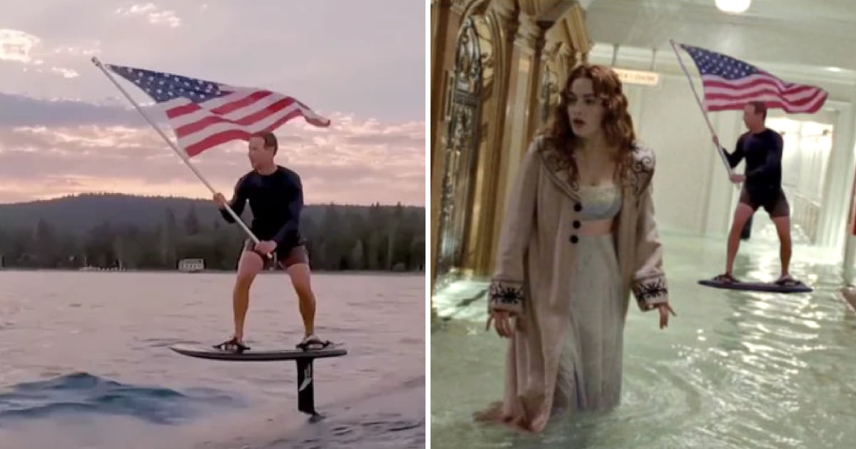 Mark Zuckerberg’s flag waving surfing video sparks memes
