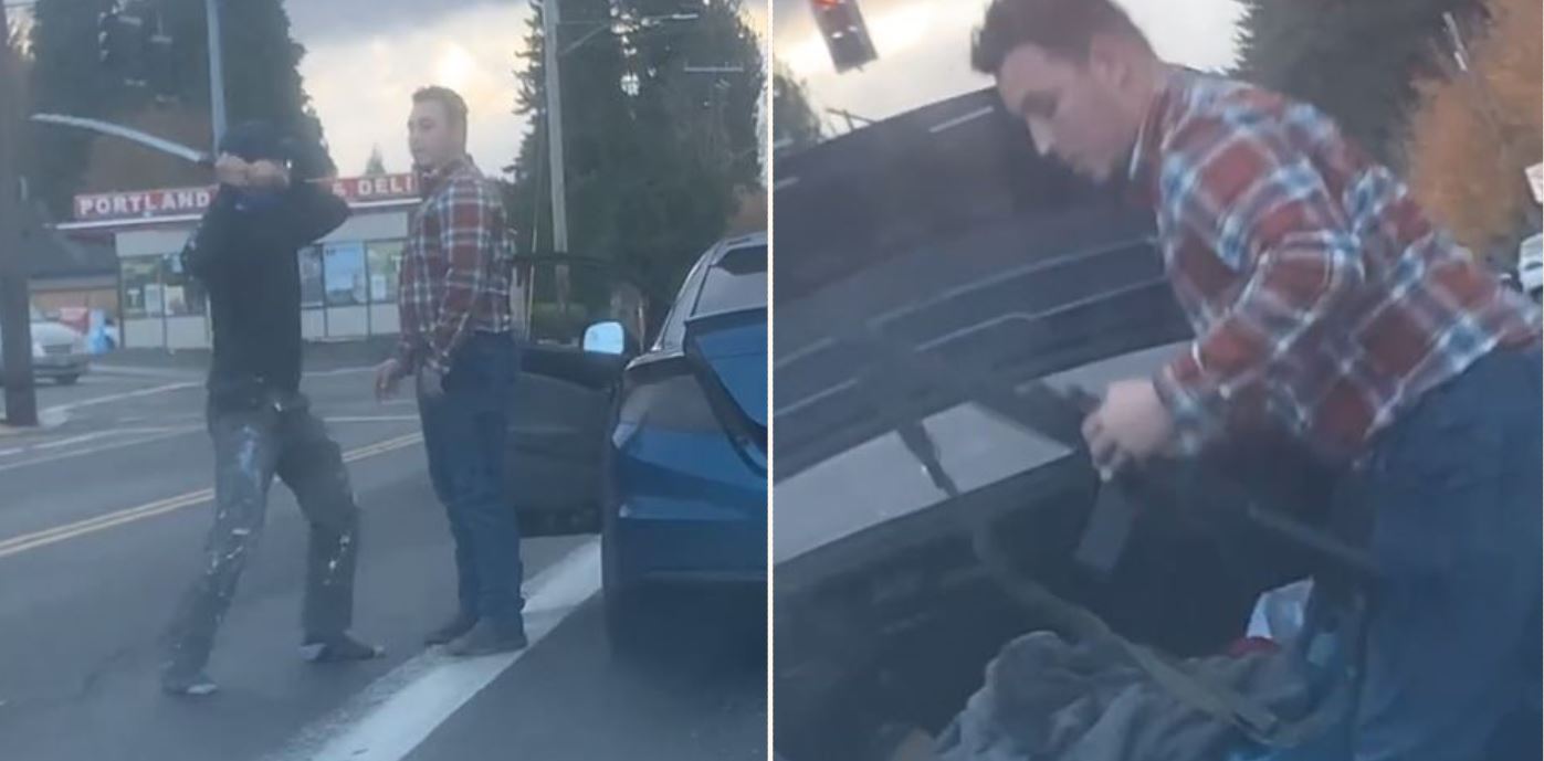 Epic road-rage incident sees fiery men resorting to swords and guns