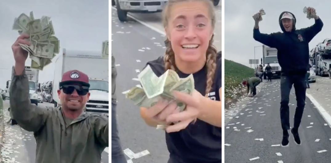 Armoured truck spills money onto freeway, sparking cash grabbing frenzy