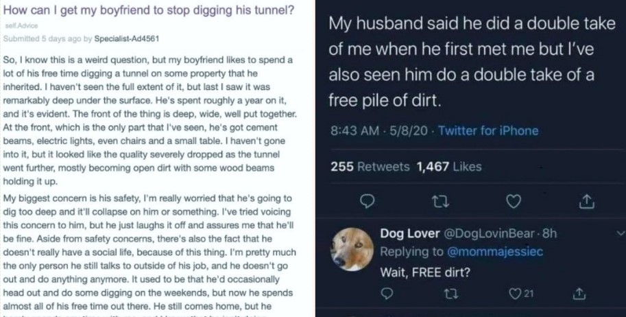Sheila wants to know why her boyfriend won’t stop digging tunnel and the Internet responds!