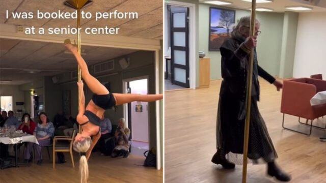 Old folks hit the pole straight after pole dancer performs at their residence