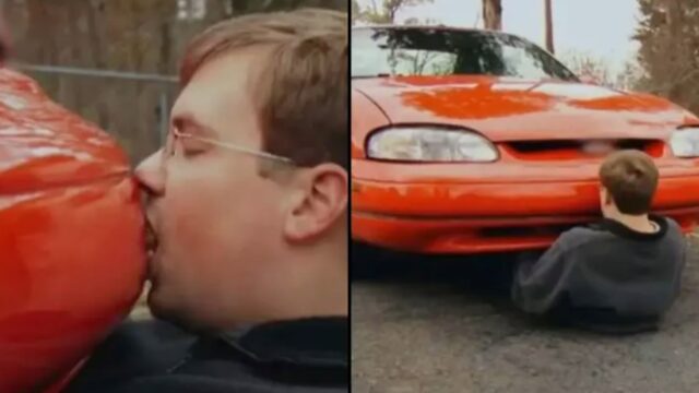 Bloke in relationship with his car even roots it